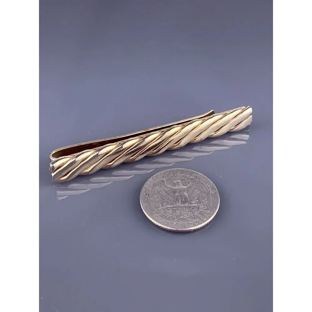 Twisted Rope Flat Chain Tie Clip Bar Gold Tone Cord Mid Century Wide Vintage